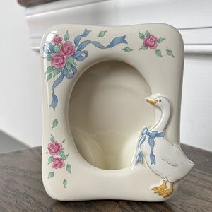 Vintage ceramic picture frame, cream w/blue ribbon, flowers and goose, 5” tall